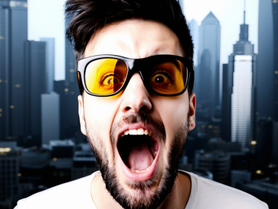 excited male wearing AR smart glasses.